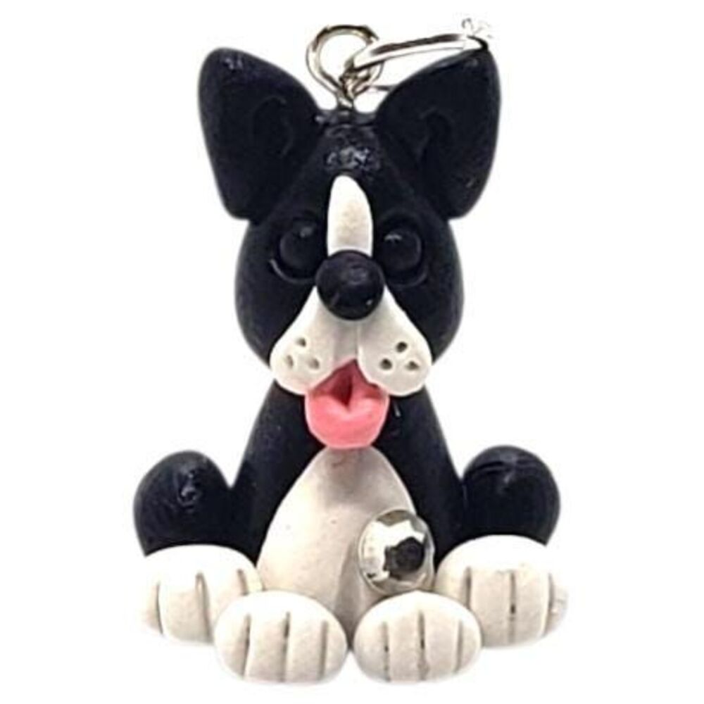 Puppy Dog Pendant HandmadePolymer Clay Black White Dog Tongue Out w/ Rhinestone